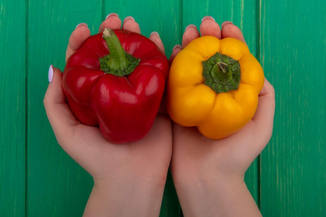 Closeup of person holding a bell pepper in each hand illustrates blog: "Is a Bell Pepper a Fruit or a Vegetable?"