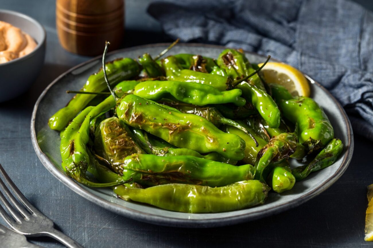 Bowl of blistered shishito peppers illustrates blog "Are Shishito Peppers Hotter Than Jalapenos?"