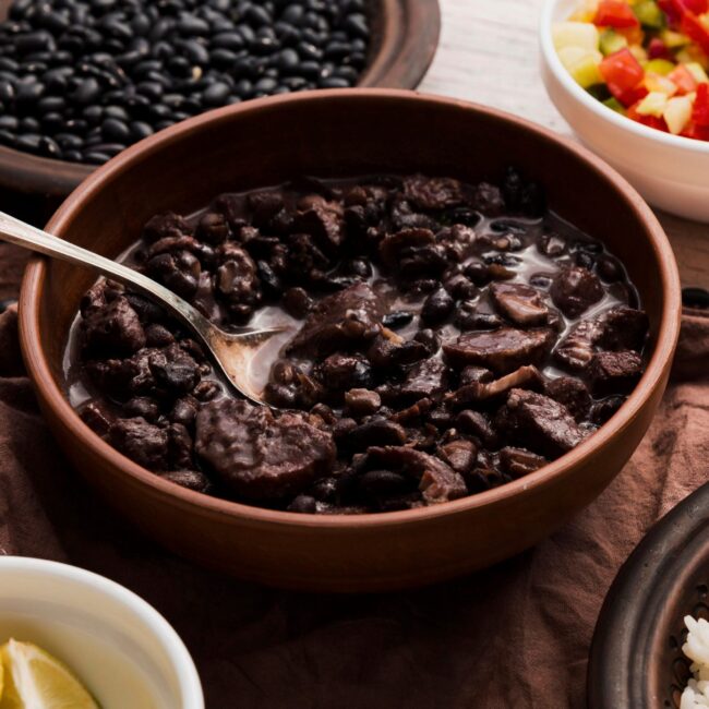 Bowl of black beans with meat illustrates blog "Are Black Beans a Good Protein Source?"