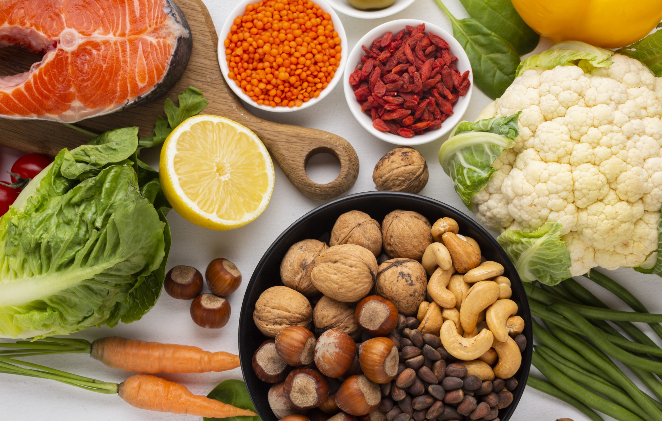 nuts-vegs-fp Vegetables and nuts illustrate blog "Almonds, Peanuts, Cashews: What Are the Best Nuts for Protein?"