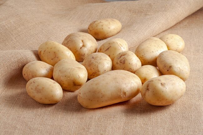 Pile of fresh raw potatoes on a beige textile surface Potatpes atop tablecloth.
