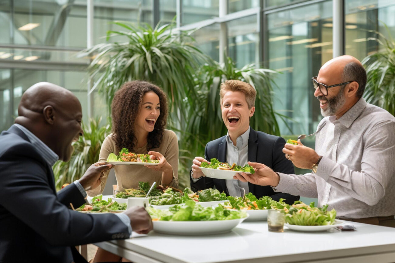 Healthy catered lunch improving workplace productivity in a California office