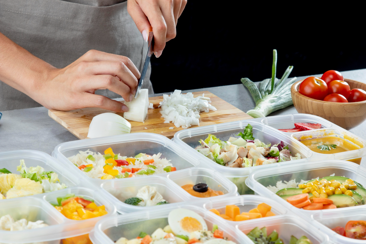 2149092386 Chef preparing healthy corporate meal prep for shift workers