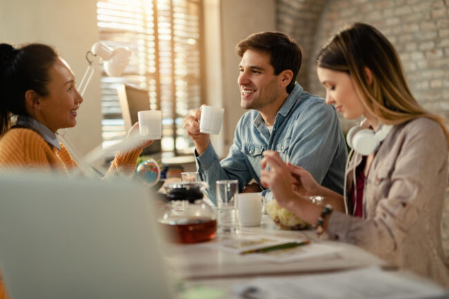 employees enjoying nutritious corporate lunch at work