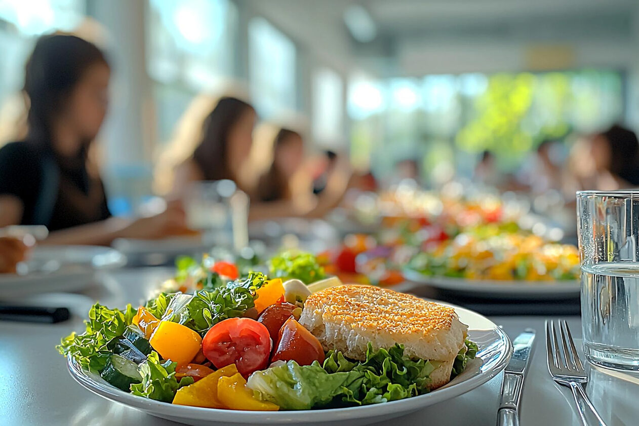 Corporate catering solutions providing healthy meals in modern office setting