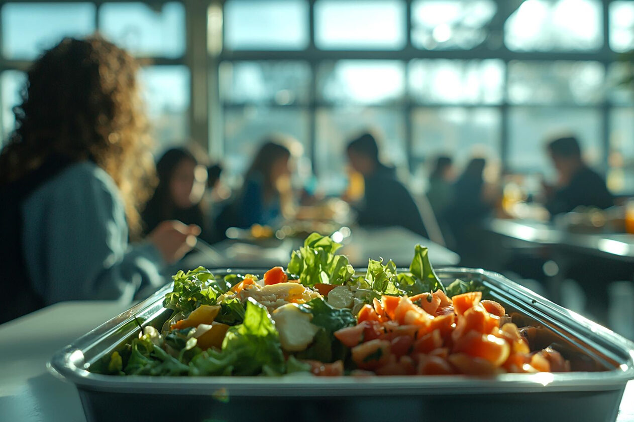 employees enjoying healthy food through workplace meal programs