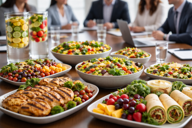 Healthy corporate lunch spread healthy catering meetings with balanced meals and fresh food on conference table