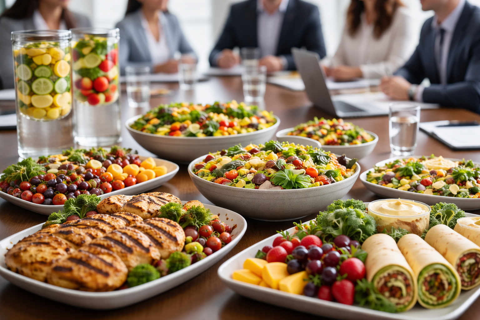 Healthy corporate lunch spread healthy catering meetings with balanced meals and fresh food on conference table