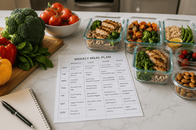 image-Organized-meal-prep-and-planning-setup Structured meal plans supporting healthy eating with fresh prepared meals